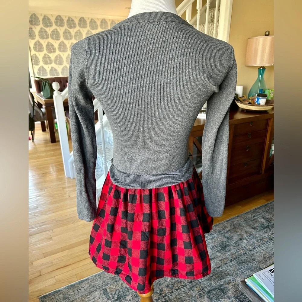 Gap Girls XL Red Buffalo Plaid 2-in-1 Sweater Dress Cotton Grey
